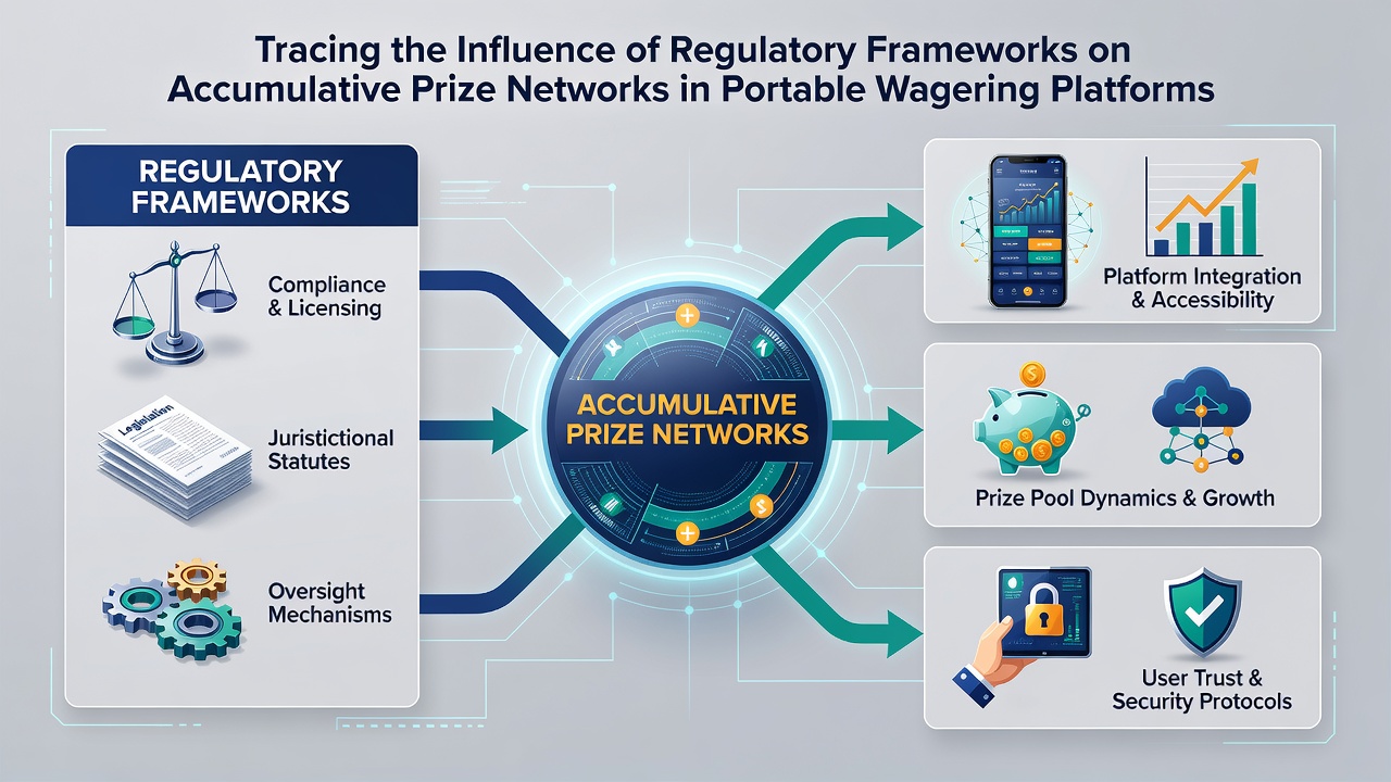 Diagram showing interconnected mobile devices contributing to segmented prize pools under regulatory oversight